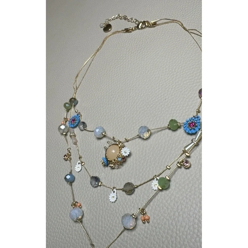 Betsey Johnson Layered Gold Charm Necklace Multi Strand Colorful Pendant EUC
